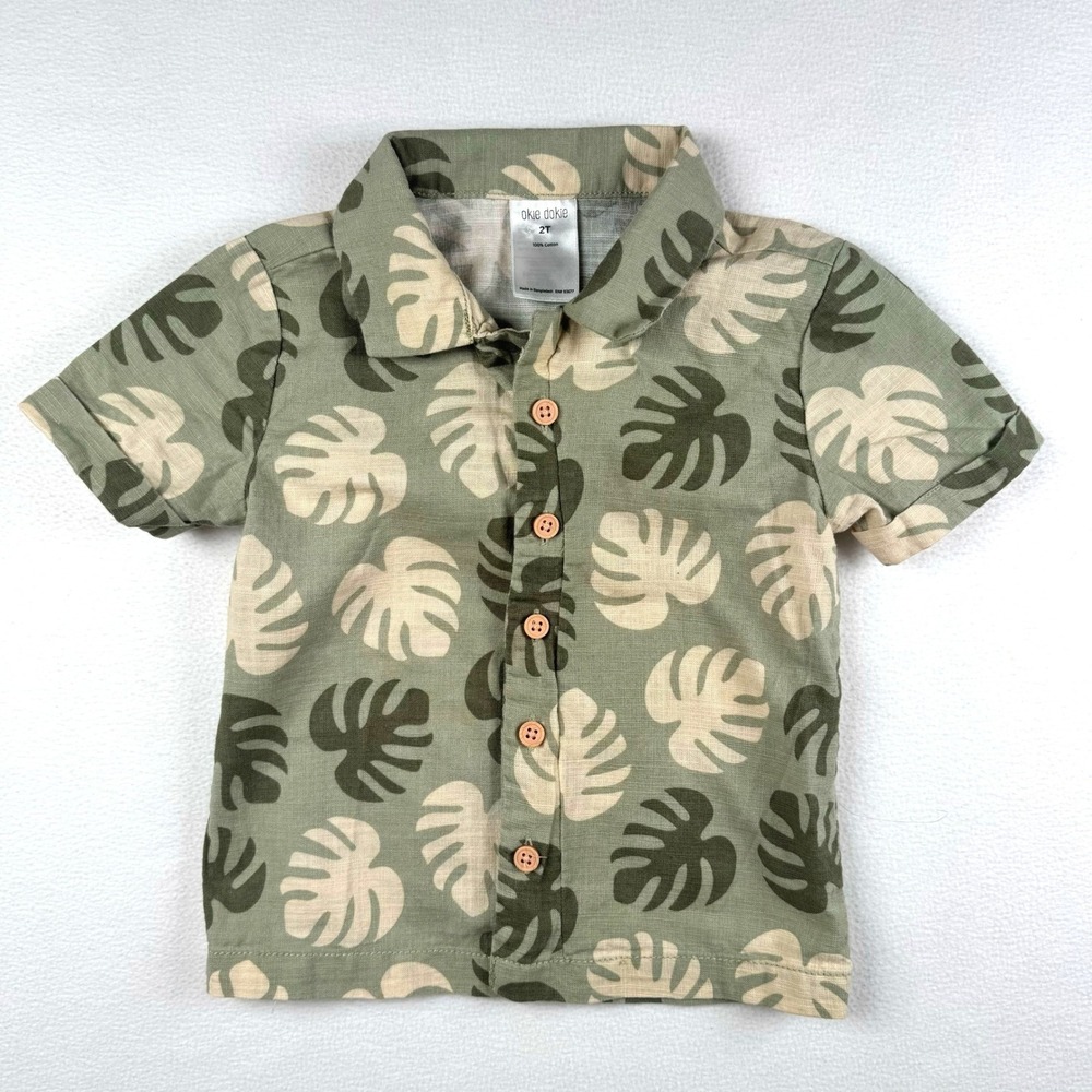 Okie Dokie Toddler Boys Sage Green Monstera Leaf Tropical Button Down Shirt 2T